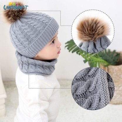LONSANT 2Pcs Toddler Hat Baby Girls Boys Winter Warm Knitted Wool Hemming Hat Beanie Cap+Scarf Keep Warm Set 0-2 Year Kids Hat