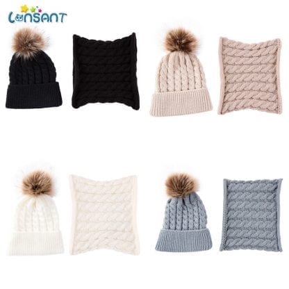 LONSANT 2Pcs Toddler Hat Baby Girls Boys Winter Warm Knitted Wool Hemming Hat Beanie Cap+Scarf Keep Warm Set 0-2 Year Kids Hat